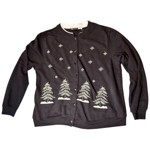 CM Sport‎ Black Embroidered Christmas Button-Up Cardigan Sweater Womens Size L